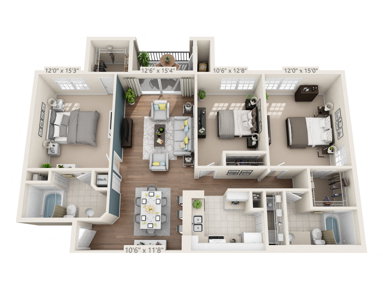 Floor plan for 3 beds, 2 baths, 1405 sqft